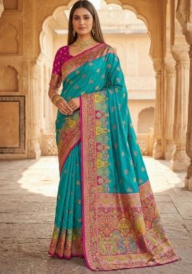Sky Blue Woven Design Silk Saree Set