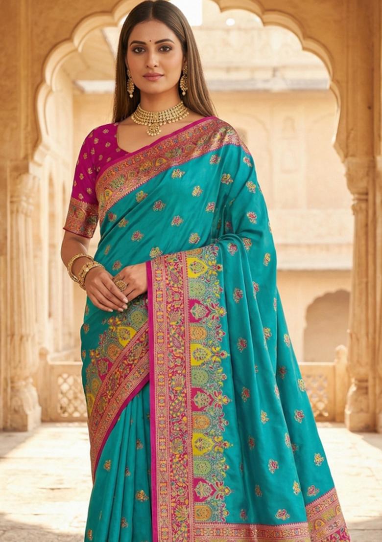 Sky Blue Woven Design Silk Saree Set - Indya