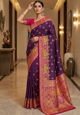 Wine Woven Design Silk Saree Set