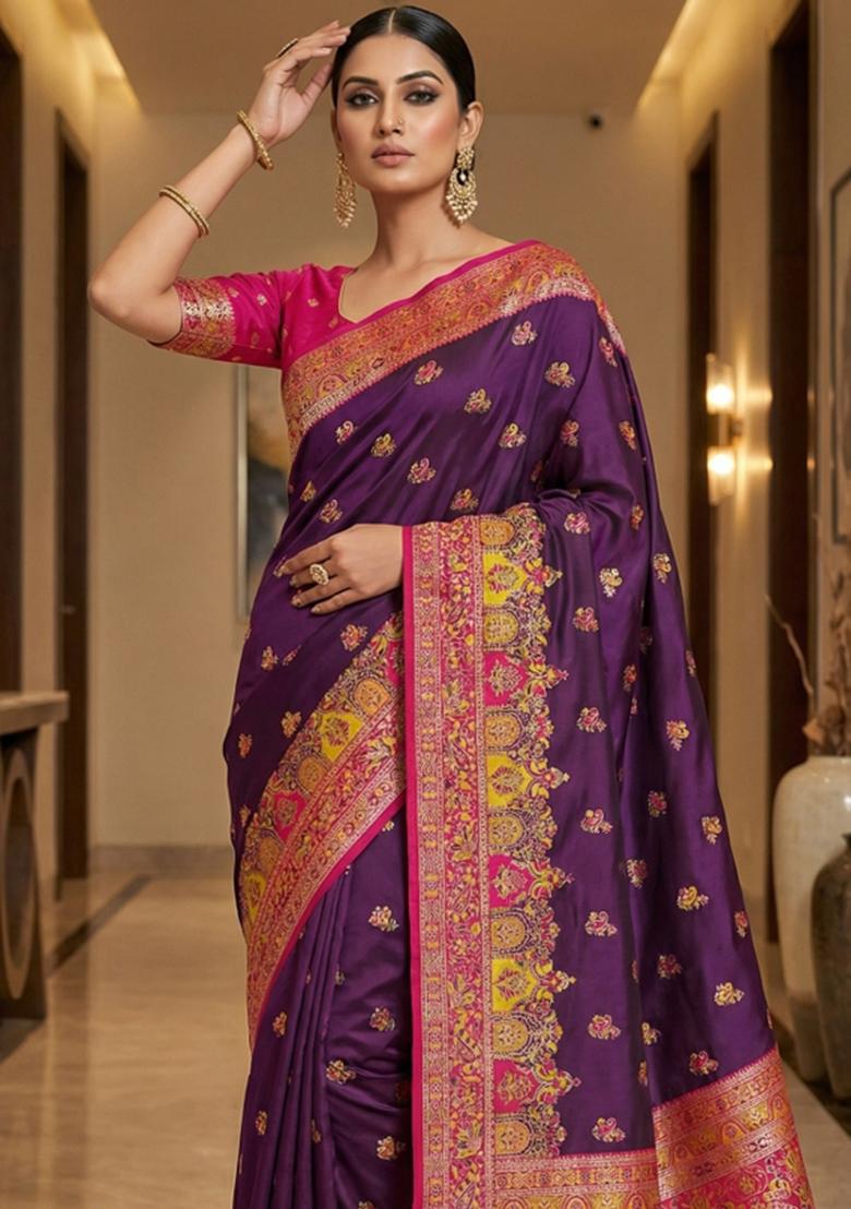 Wine Woven Design Silk Saree Set - Indya