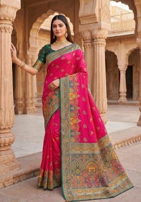 Pink Woven Design Silk Saree Set