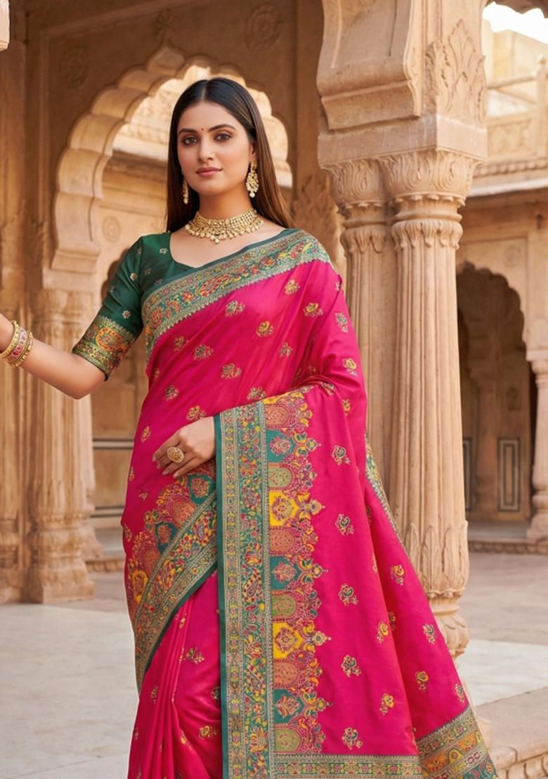 Pink Woven Design Silk Saree Set - Indya