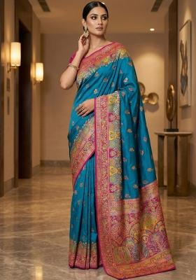 Teal Woven Design Silk Saree Set