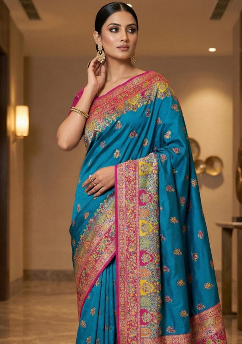 Teal Woven Design Silk Saree Set - Indya