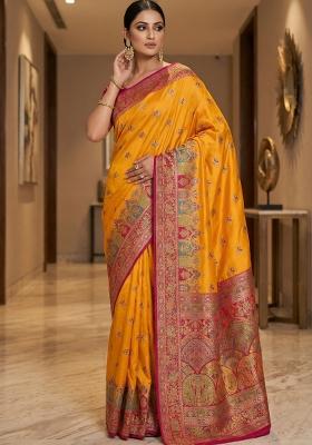 Yellow Woven Design Silk Saree Set