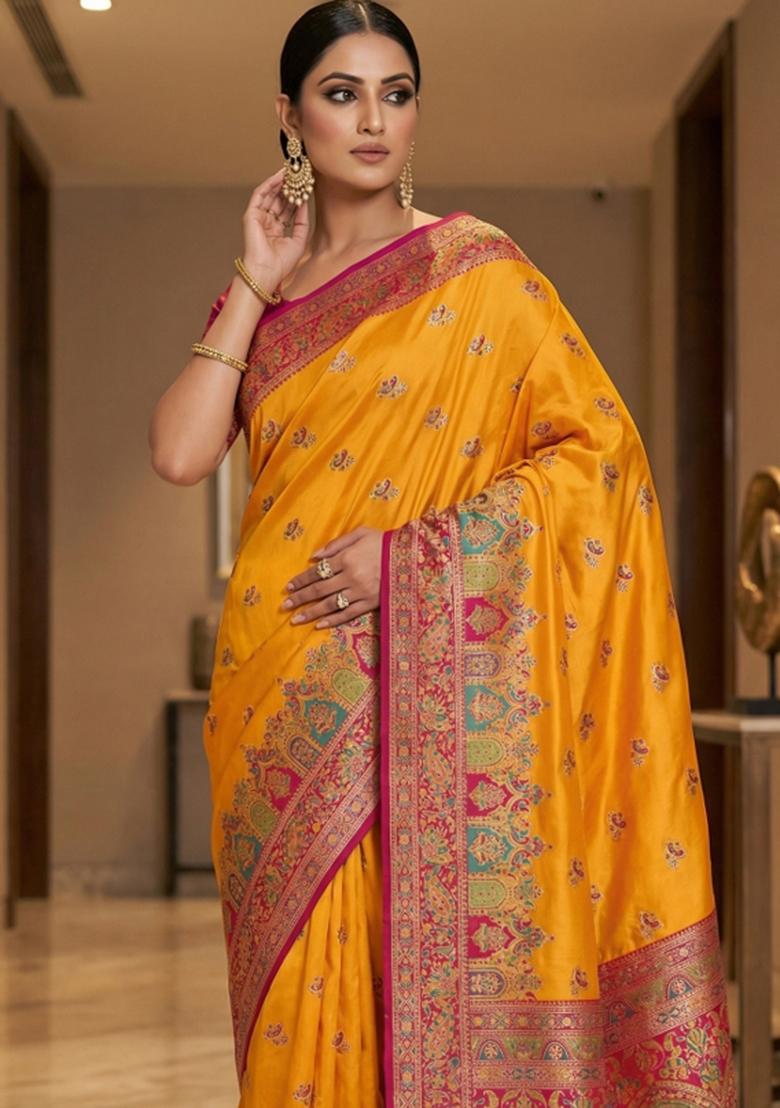 Yellow Woven Design Silk Saree Set - Indya