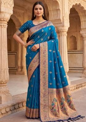Blue Woven Design Banarasi Saree Set