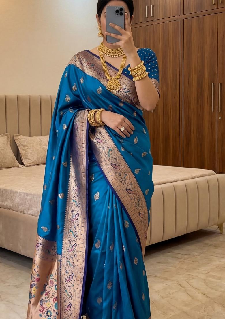 Blue Woven Design Banarasi Saree Set - Indya