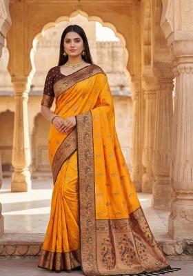 Yellow Woven Design Banarasi Saree Set