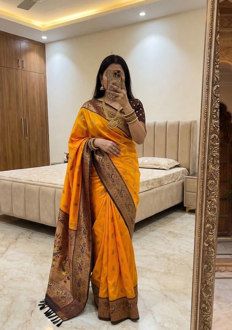 Yellow Woven Design Banarasi Saree Set - Indya
