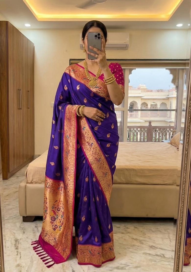 Purple Woven Design Banarasi Saree Set - Indya