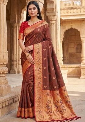 Brown Woven Design Banarasi Saree Set