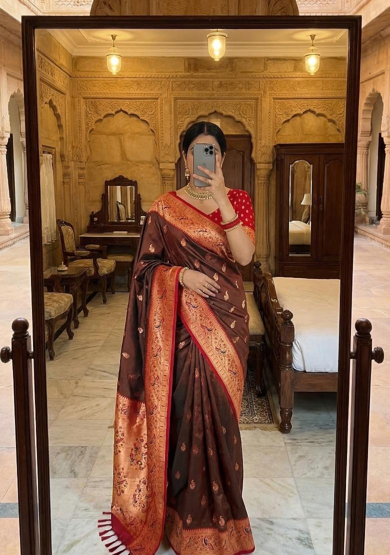 Brown Woven Design Banarasi Saree Set - Indya