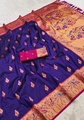 Wine Woven Design Banarasi Saree Set