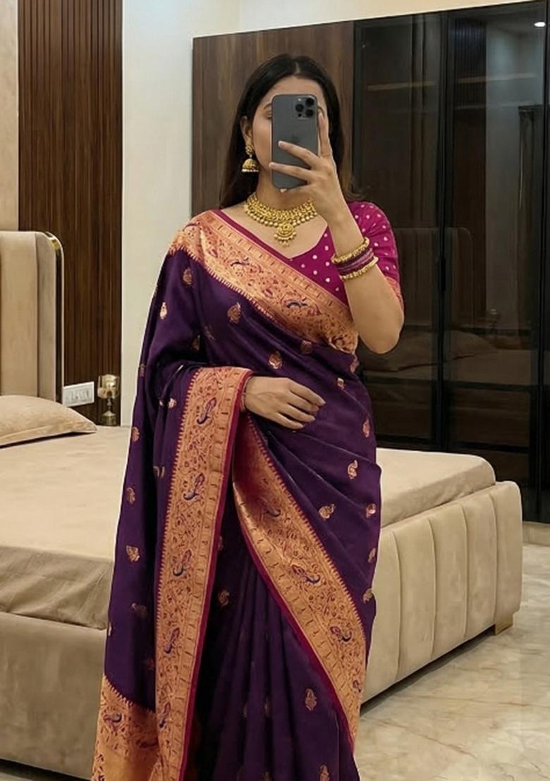 Wine Woven Design Banarasi Saree Set - Indya