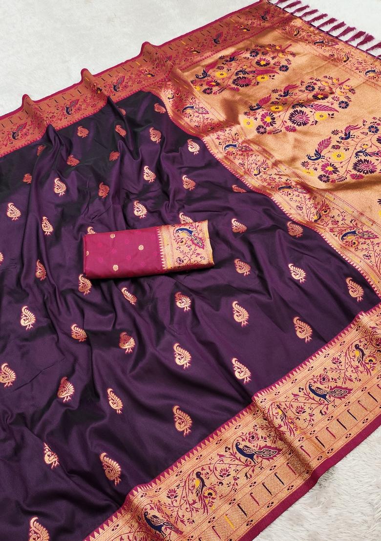 Wine Woven Design Banarasi Saree Set - Indya