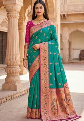 Sea Green Woven Design Banarasi Saree Set
