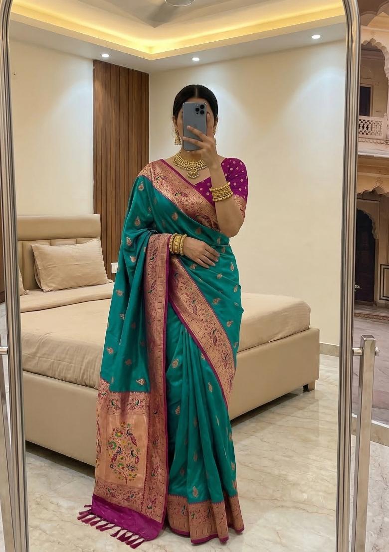 Sea Green Woven Design Banarasi Saree Set - Indya