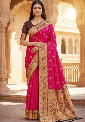 Pink Woven Design Banarasi Saree Set