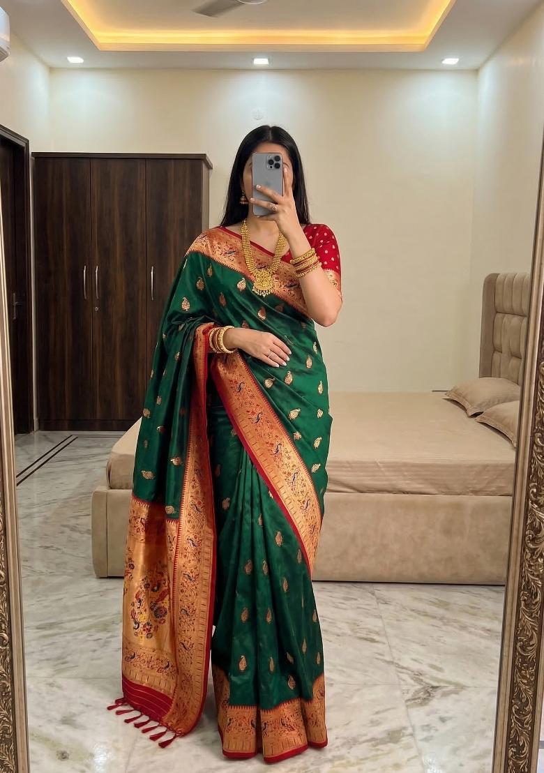 Green Woven Design Banarasi Saree Set - Indya