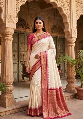 White Woven Design Banarasi Saree Set
