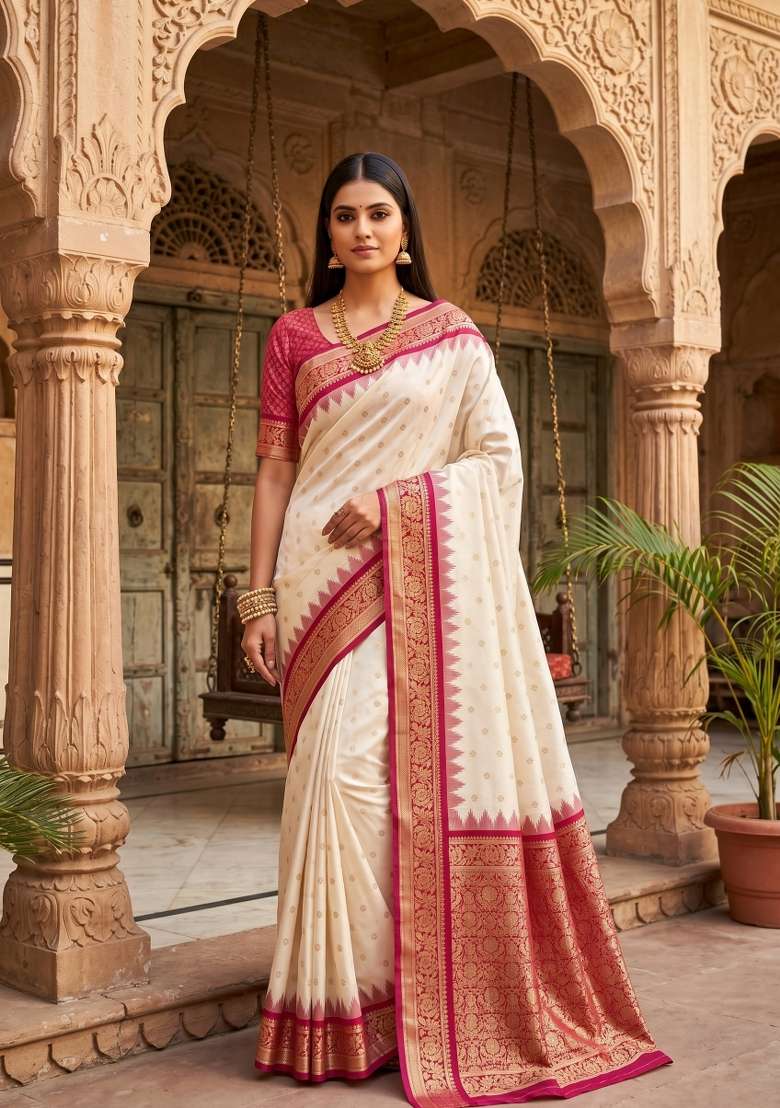 White Woven Design Banarasi Saree Set for Diwali and Festive Wear - Indya