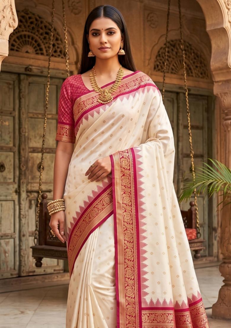 White Woven Design Banarasi Saree Set - Indya