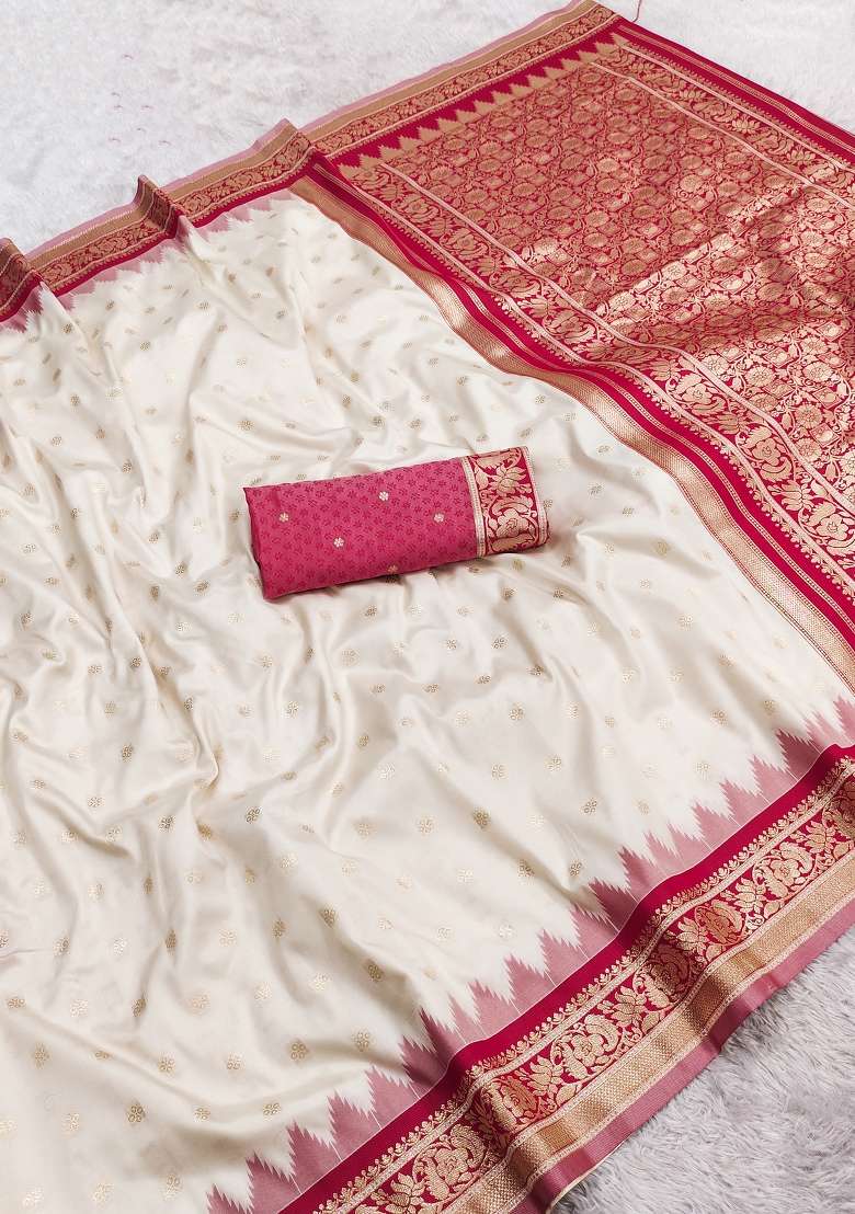 White Woven Design Banarasi Saree Set for Diwali and Festive Wear - Indya