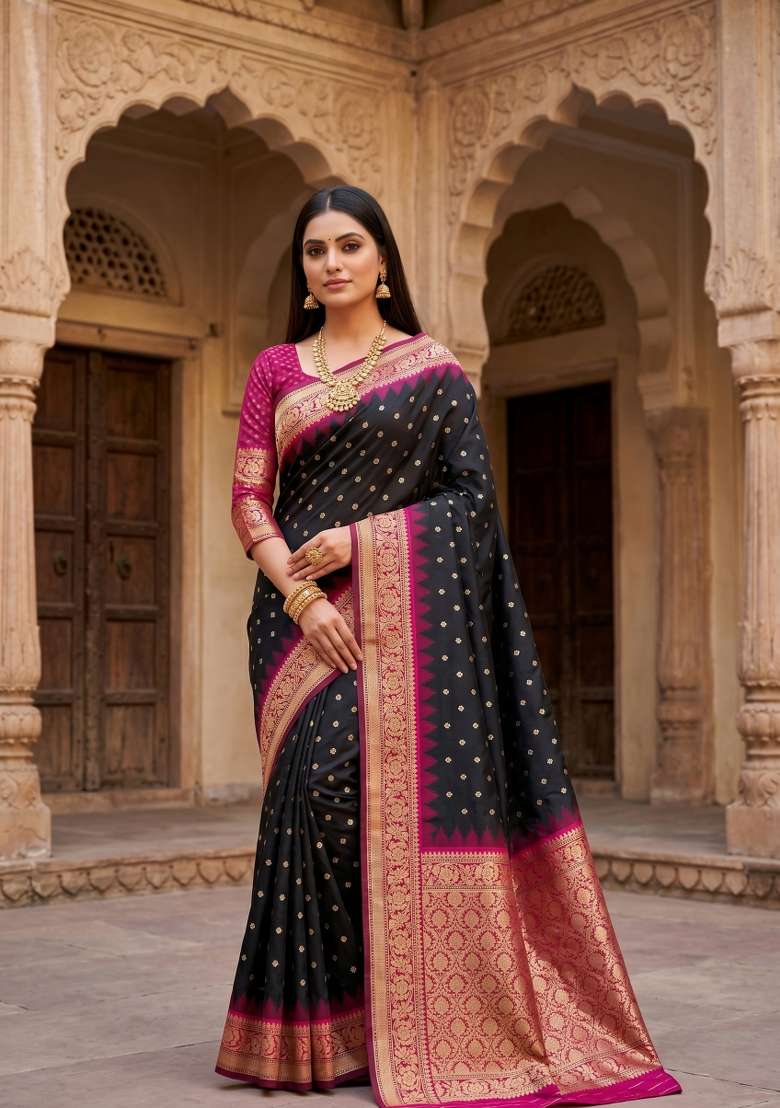 Black Woven Design Banarasi Saree Set for Diwali and Festive Wear - Indya