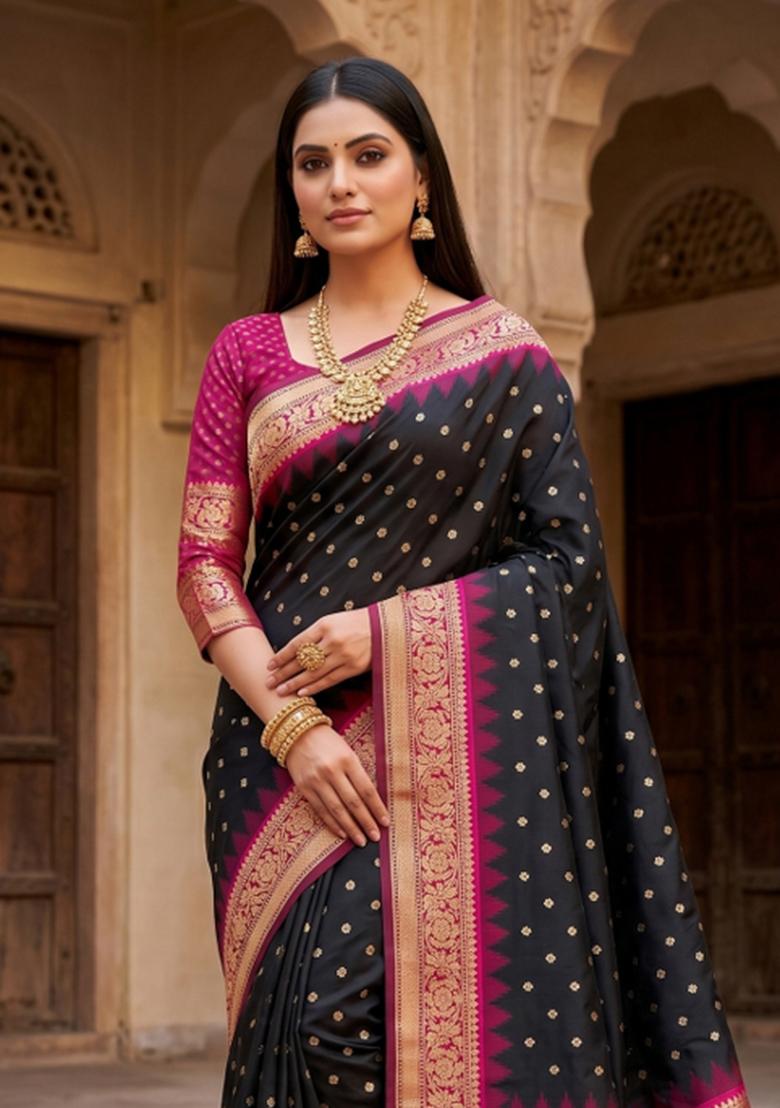 Black Woven Design Banarasi Saree Set - Indya