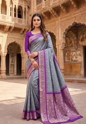 Grey Woven Design Banarasi Saree Set