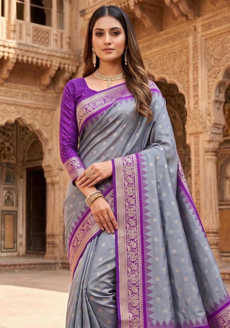 Grey Woven Design Banarasi Saree Set - Indya