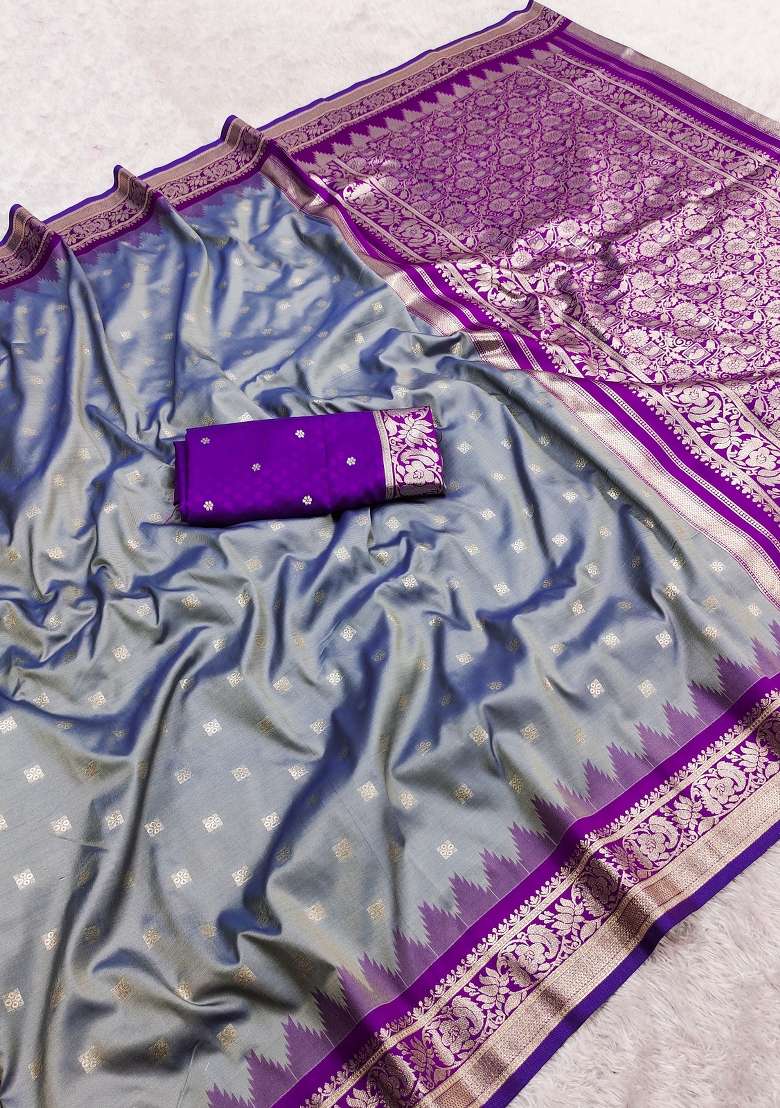 Grey Woven Design Banarasi Saree Set for Diwali | Wedding & Festive Wear - Indya