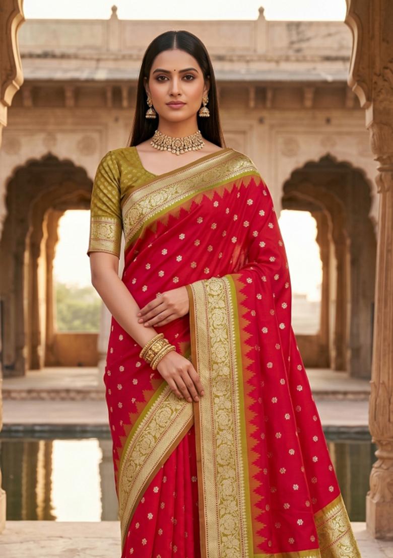 Red Woven Design Banarasi Saree Set - Indya