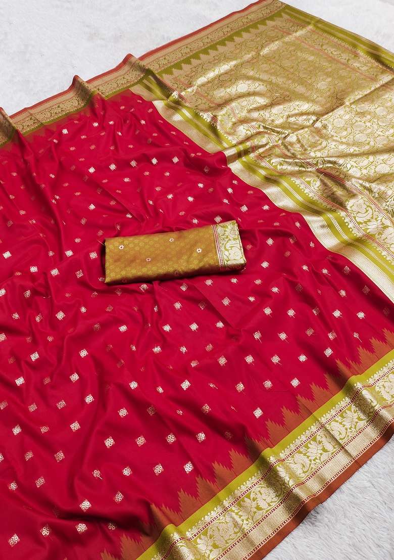 Red Woven Design Banarasi Saree Set for Diwali and Festive Wear - Indya