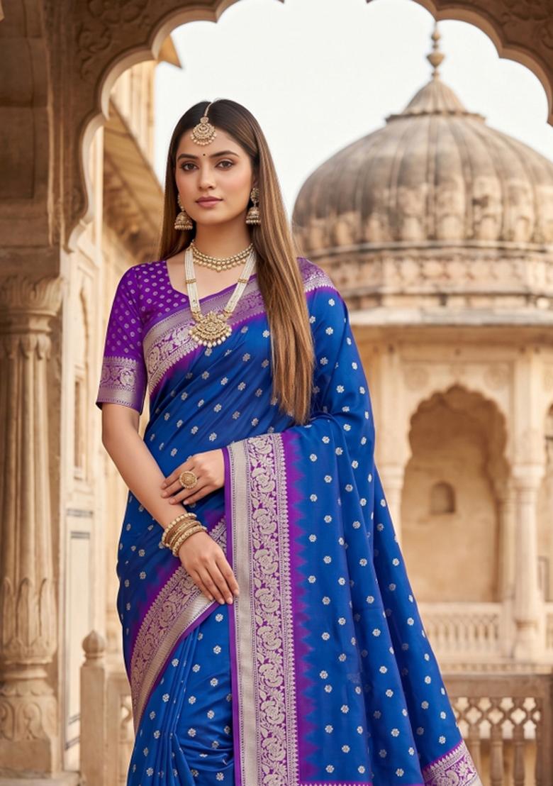 Blue Woven Design Banarasi Saree Set - Indya