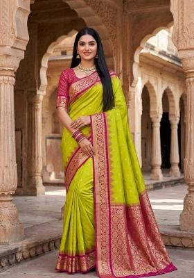 Parrot Green Woven Design Banarasi Saree Set