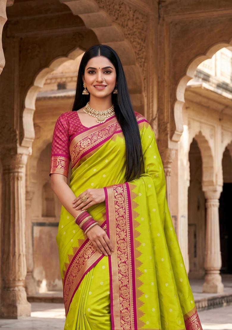 Parrot Green Woven Design Banarasi Saree Set - Indya