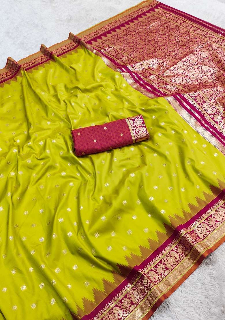 Parrot Green Woven Design Banarasi Saree Set for Diwali and Festive Wear - Indya