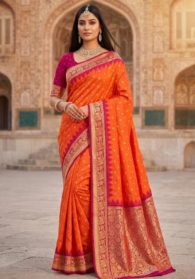 Orange Woven Design Banarasi Saree Set