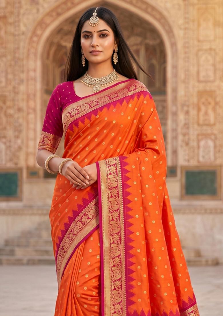 Orange Woven Design Banarasi Saree Set - Indya