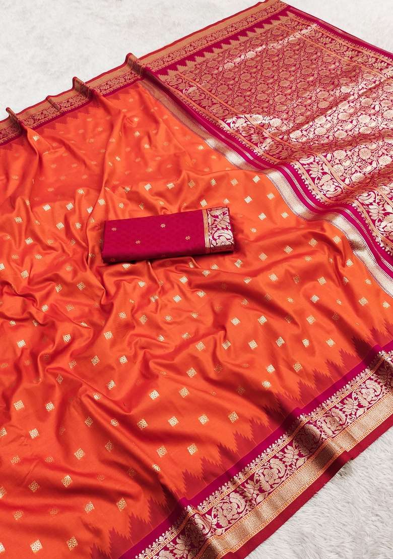 Orange Woven Design Banarasi Saree Set for Diwali | Wedding & Festive Wear - Indya