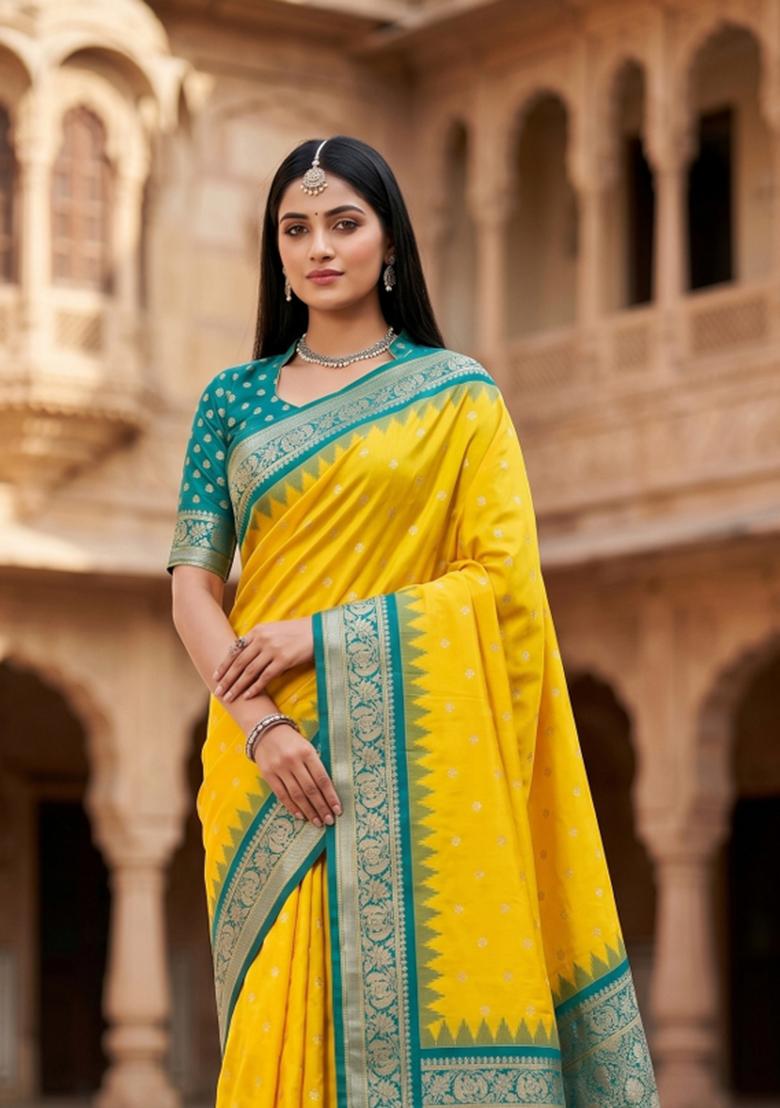 Yellow Woven Design Banarasi Saree Set - Indya
