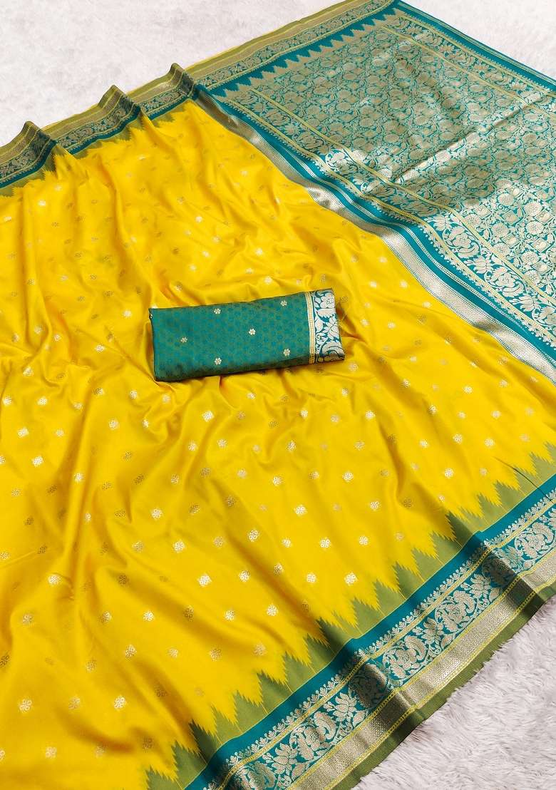 Yellow Woven Design Banarasi Saree Set for Diwali and Festive Wear - Indya