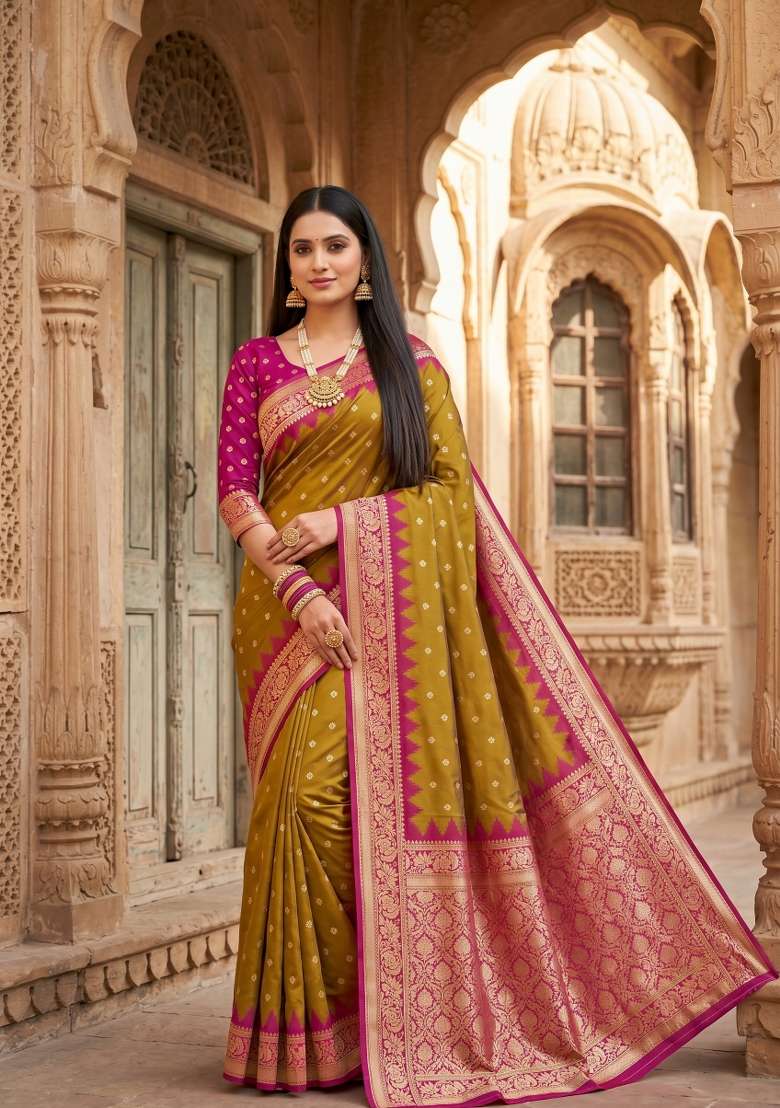 Olive Woven Design Banarasi Saree Set for Diwali | Wedding & Festive Wear - Indya