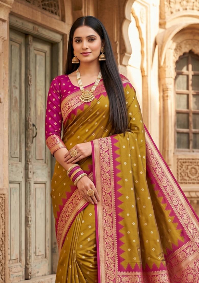 Olive Woven Design Banarasi Saree Set - Indya