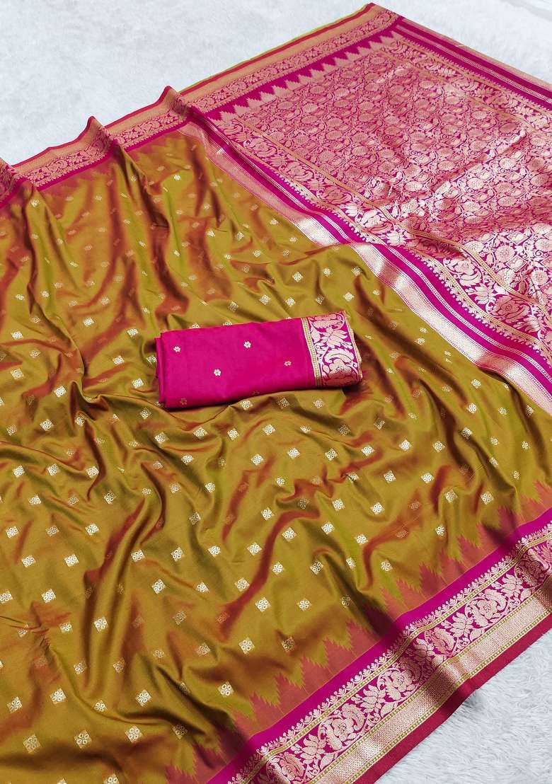 Olive Woven Design Banarasi Saree Set for Diwali | Wedding & Festive Wear - Indya