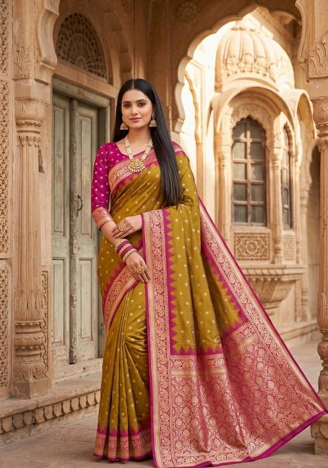 Olive Woven Design Banarasi Saree Set for Diwali | Wedding & Festive Wear