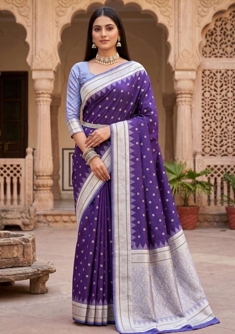 Purple Woven Design Banarasi Saree Set for Diwali and Festive Wear - Indya
