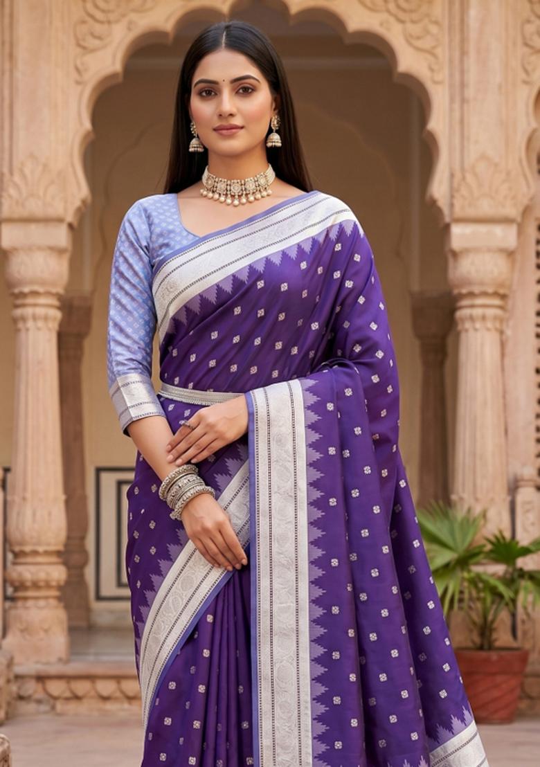 Purple Woven Design Banarasi Saree Set - Indya
